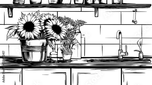 Sunflowers in metal bucket on farmhouse kitchen counter, Plant Digital Art