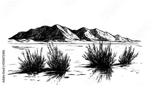Tamarisk shrubs near a salt lake in a desert, Plant Digital Art