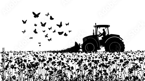 Tractor tilling soil in fallow flower field, Plant Digital Art