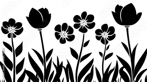 Tulip flower with long stem and leaves in garden setting, Plant Digital Art