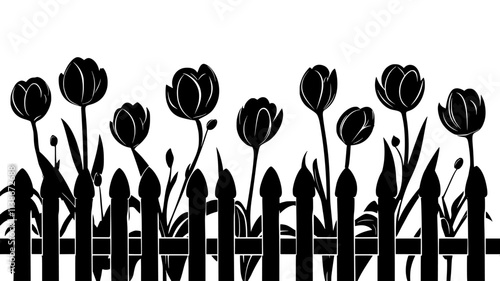 Tulips in a raised garden bed with a picket fence background, Plant Digital Art