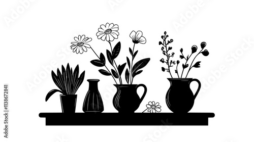 Wildflower assortment in copper pitcher on stone fireplace mantel, Plant Digital Art