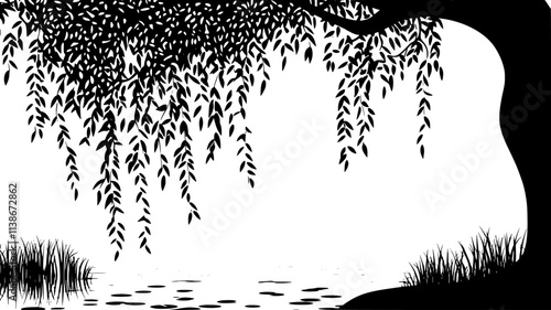 Willow tree with drooping branches swaying beside a calm water source, Plant Digital Art
