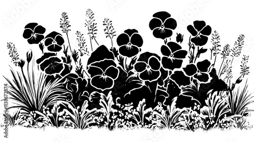 Winter pansies blooming in a frost-covered garden bed, Plant Digital Art