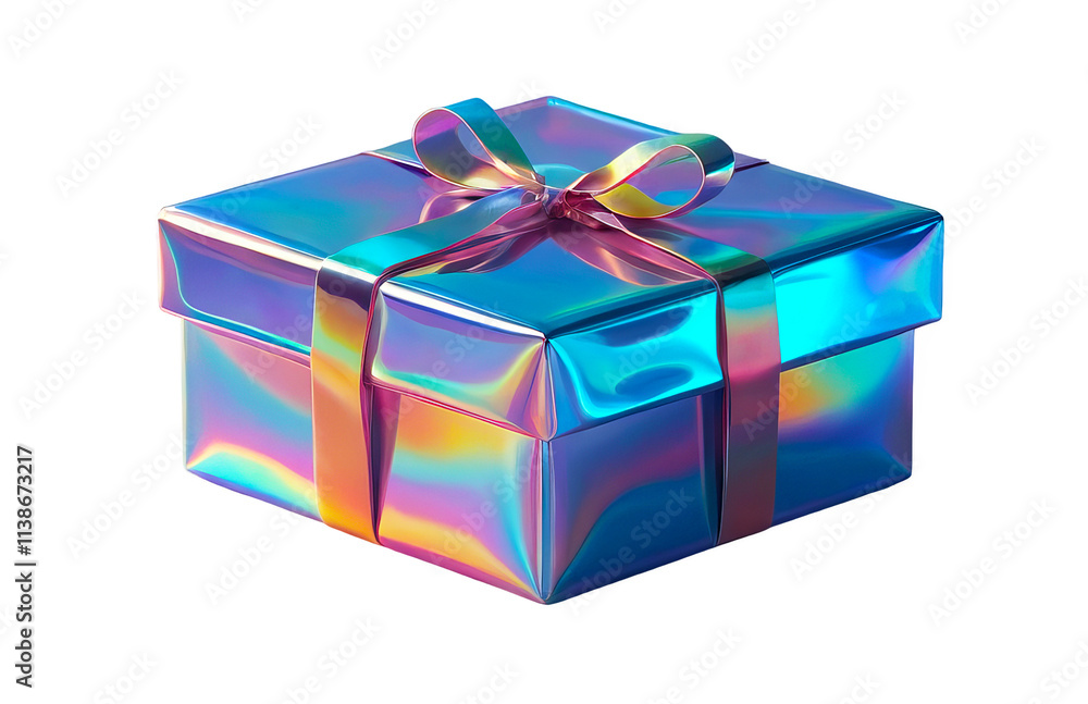 Obraz premium 3D holographic Y2K element, isolated background. Liquid chrome metal, box with a bow on top, wrapped in shiny plastic and has a bow, cute gift.