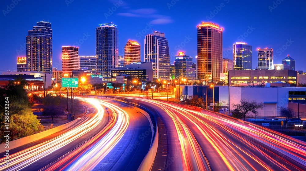 Fototapeta premium Vibrant Nighttime Cityscape with Light Trails and Illuminated Skyscrapers