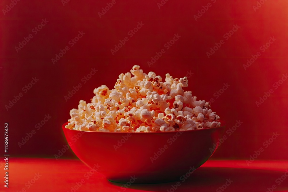 Red bowl full of popcorn on red background for film, TV, television watching. Concept of movie night Red bowl full of popcorn on red background for film, TV, television watching. Concept of movie night