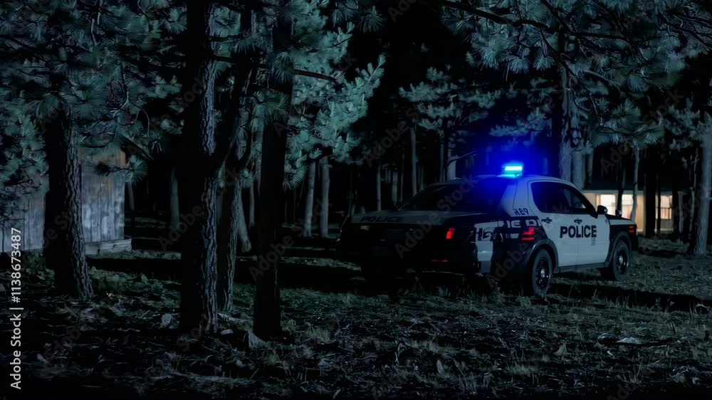 Police car with flashing lights in night forest with cabin in background. Crime scene investigation. Rescue operation concept. Law enforcement Police car with flashing lights in night forest with cabin in background. Crime scene investigation. Rescue operation concept. Law enforcement