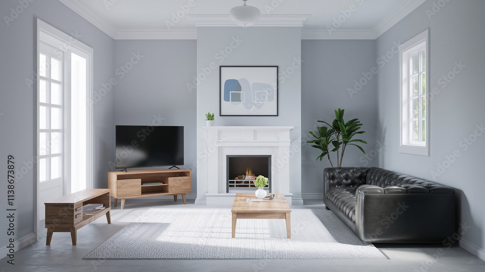 Fototapeta premium Modern Living Room Interior Design with Fireplace