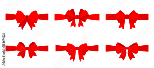Red bows on ribbons flat set. Simple glossy elegant loops tails knots. Cartoon festive decoration tied in classic shapes for gift wrapping holiday themes ornate detail cheerful ribbon vibrant accents