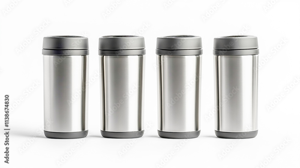 Three stainless steel travel mugs isolated on a white background, perfect for outdoor adventures and camping Three stainless steel travel mugs isolated on a white background, perfect for outdoor adventures and camping