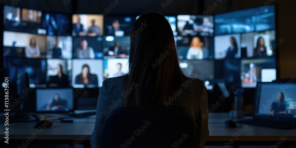 A businesswoman viewed from behind, focusing intently on multiple monitors during a conference video call session. A businesswoman viewed from behind, focusing intently on multiple monitors during a conference video call session.