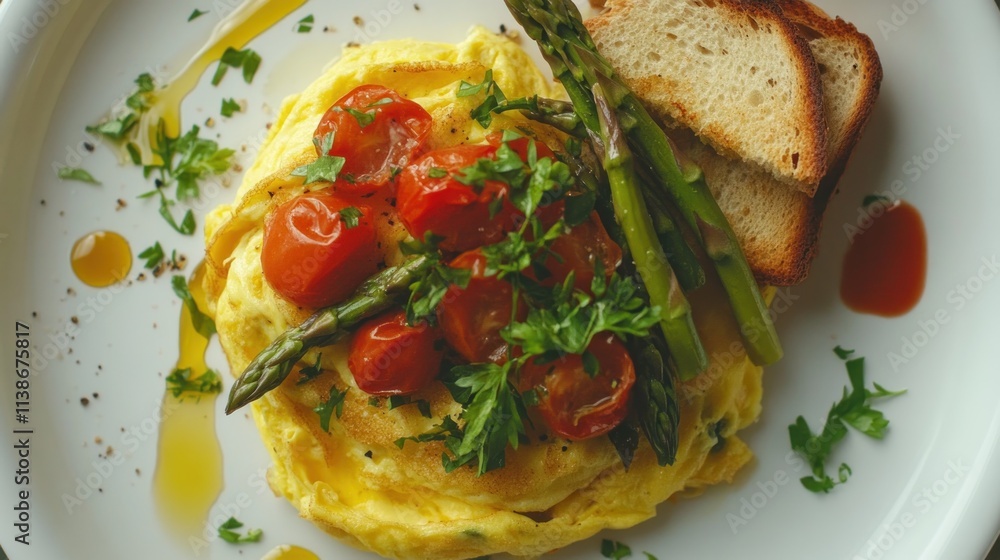 Omelette with tomatoes, asparagus, herbs and toast on white plate. Omelette with tomatoes, asparagus, herbs and toast on white plate.