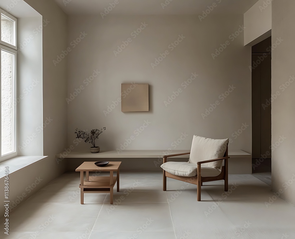 A minimal and cozy Scandinavian living room with white walls, a wooden armchair, and a simple coffee table arranged in a clean space