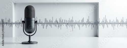 Podcast Professional Studio Microphone with Sound Wave on White Grey Background with Frame. Perfect for podcast promotions, audio recording concepts, designs related to digital broadcasting and media photo