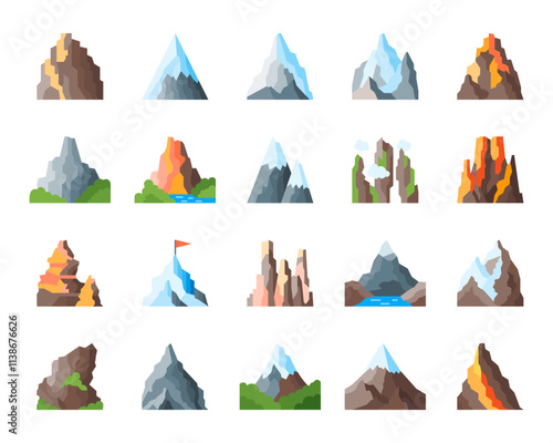 Mountain set in flat style with peaks, cliffs, rocks, and hills. Summits with glaciers, volcanoes, and slopes. Valleys, plateaus, canyons, ridges, sharp edges, jagged snowcaps form natural terrains