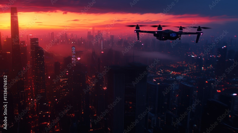 Drone Flying Over Cityscape at Dusk with Dramatic Sunset Colors Drone Flying Over Cityscape at Dusk with Dramatic Sunset Colors