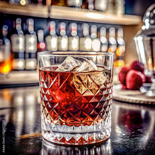 cocktail glass against the background of the bar stands on the table