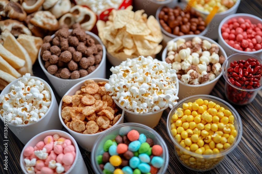 Snacks for watching a movie. Food at the cinema. Popcorn. Snacks for watching a movie. Food at the cinema. Popcorn.