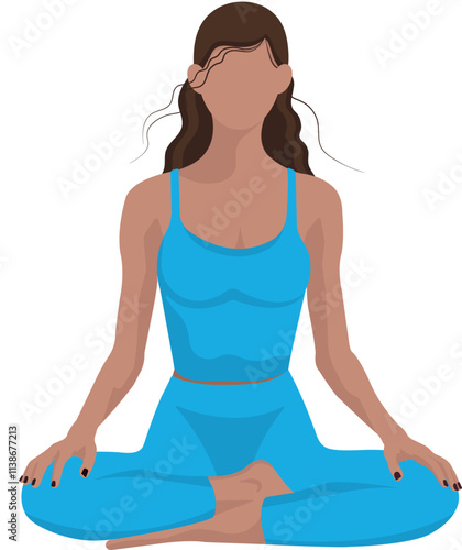 Young faceless girl with tanned skin and dark hair in blue sportswear in lotus pose on transparent background
