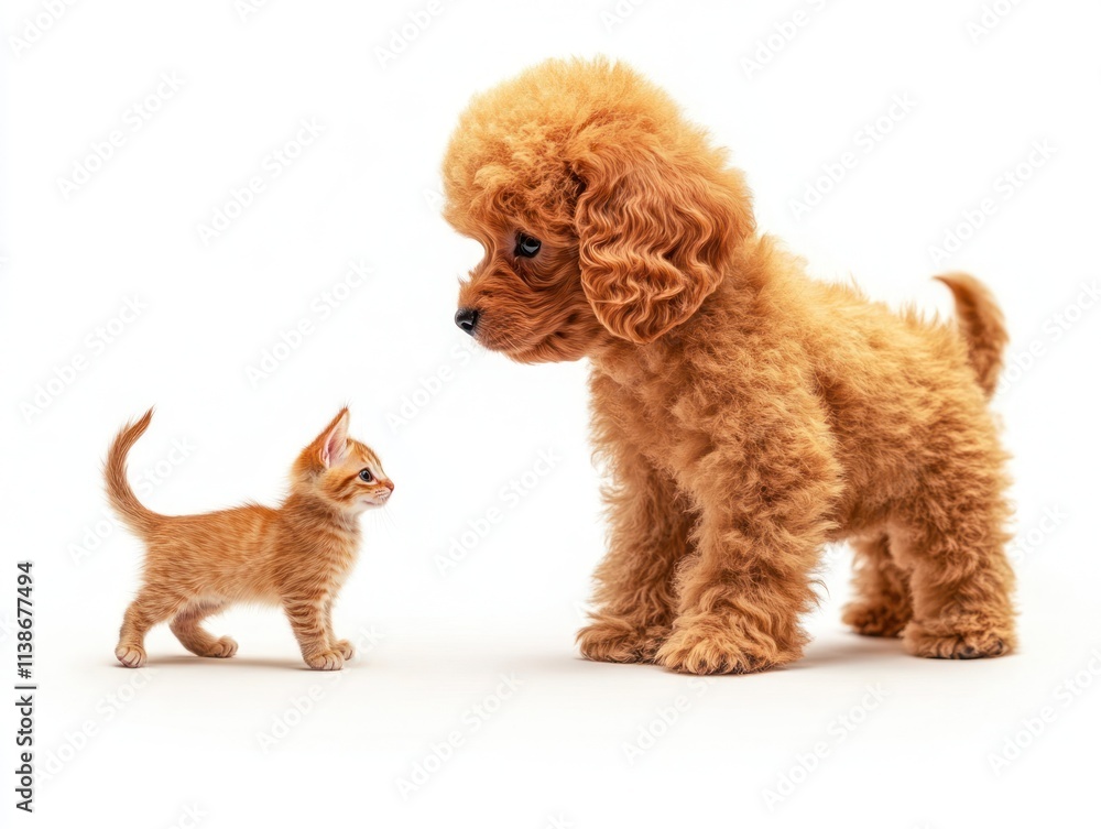 Puppy stands beside a small kitten. Puppy stands beside a small kitten.
