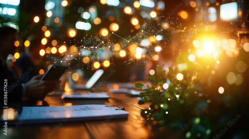 Modern Office Workspace with Bokeh Lights and Data Visualization Concept Modern Office Workspace with Bokeh Lights and Data Visualization Concept