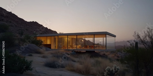 A sleek, modern glass house sits illuminated against a desert backdrop during twilight, showcasing contemporary design. photo