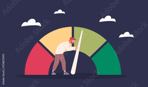 Score control. Man push performance gauge, credit rating level customer feedback meter client review excellent good indicator improve quality measurement meter vector illustration