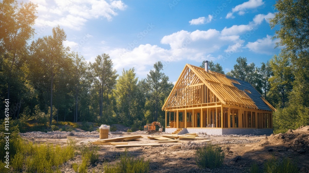Wooden house under construction with forests and blue sky. Wooden house under construction with forests and blue sky.