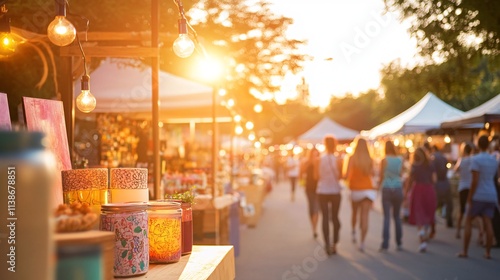 Vibrant Summer Evening at a Pop-Up Market with Stalls and Shoppers