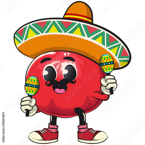 Cute Kawaii Pomegranate character wearing sombrero and playing maracas, vector hand drawn cartoon isolated icon illustration, work of hand drawn