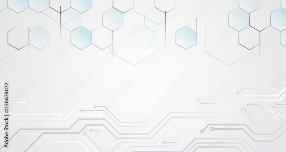 Fototapeta premium Modern science vector presentation. Abstract hexagons, futuristic concept. Data transfer and protection, internet communication on a grey background. High computer technology design.