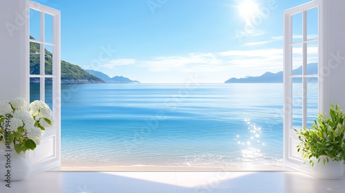 Open Window with a View of Calm Blue Sea and Mountains. Green Plants and Flowers Inside the Room. Sunlight Reflecting on Water Surface. Peaceful Atmosphere. AI generated