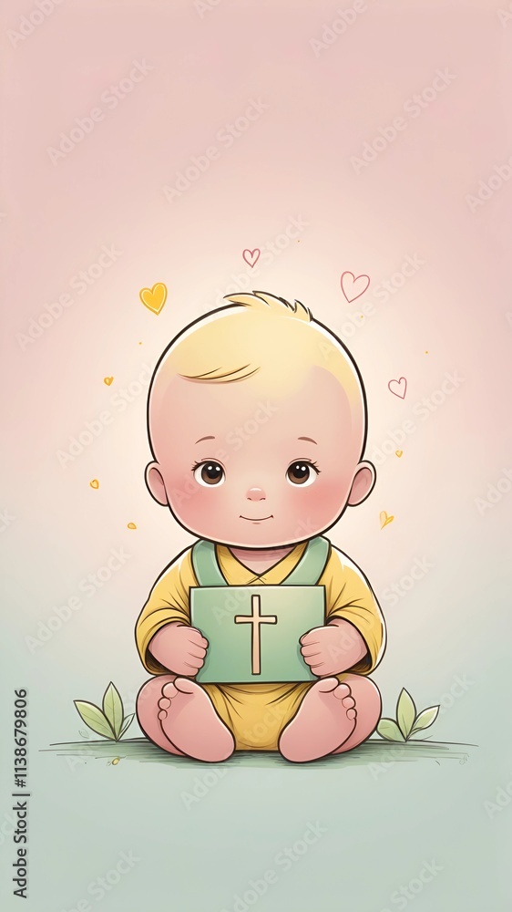 Kids illustration art of Christian religious faith in early childhood, Baby holding cross Kids illustration art of Christian religious faith in early childhood, Baby holding cross