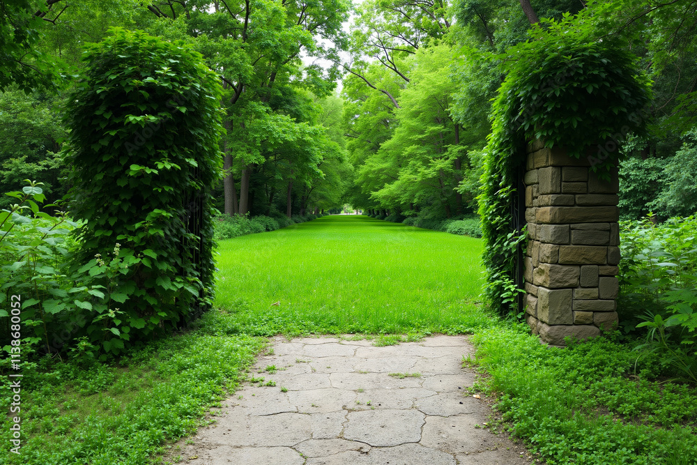 Obraz premium A stone archway in the middle of a lush green park