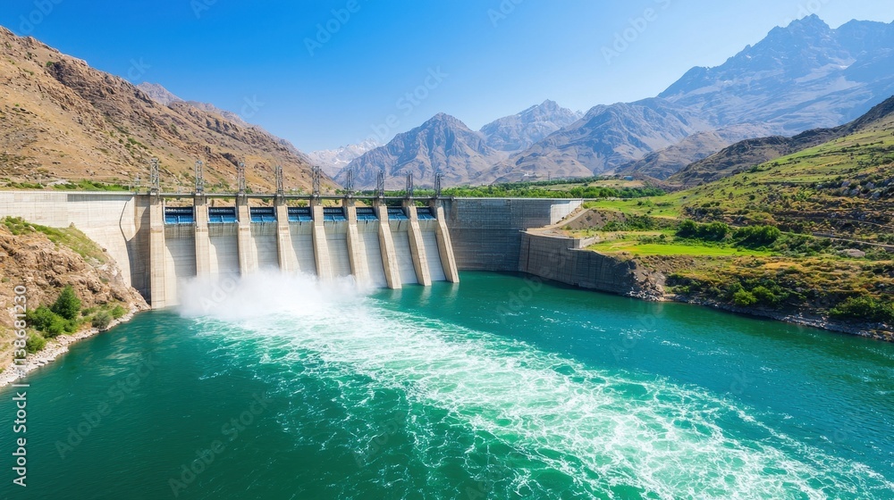 Stunning Mountain Landscape Featuring a Powerful Hydro Electric Dam Stunning Mountain Landscape Featuring a Powerful Hydro Electric Dam