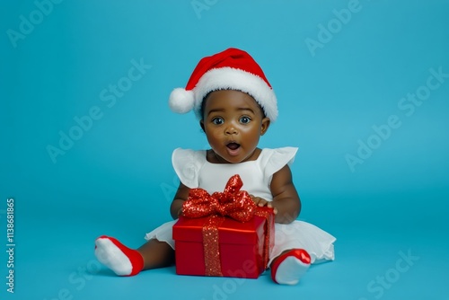 Copy space. Isolated white black baby girl in red santa cap with package in hands, on blue background. Professional santa claus. Kid santa hat. Santa studio props. Design your christmas. photo