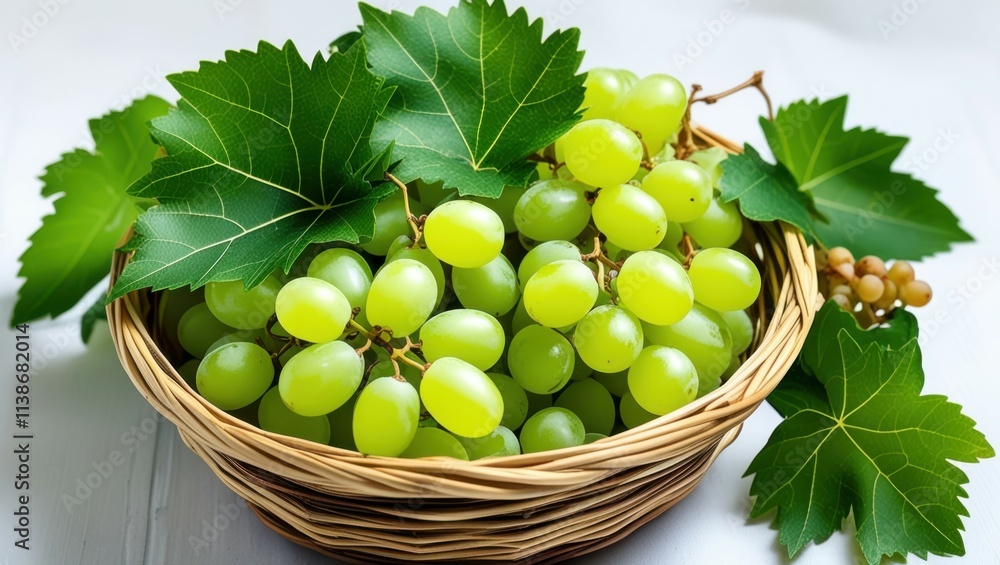 Fresh green grapes, wicker basket, vibrant grape leaves, white background, macro photography, soft lighting, organic produce, rustic farmhouse aesthetic, crisp details, juicy fruit, natural textures, Fresh green grapes, wicker basket, vibrant grape leaves, white background, macro photography, soft lighting, organic produce, rustic farmhouse aesthetic, crisp details, juicy fruit, natural textures,