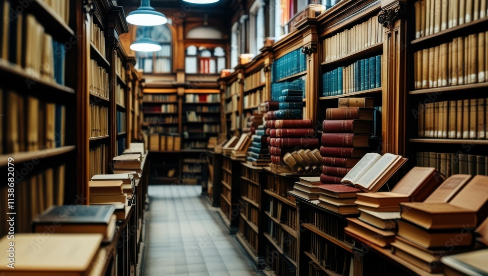 Fototapeta premium old library, rows of bookshelves, wooden ladders, antique books, warm lighting, arched ceiling, cozy atmosphere, narrow aisle, leather-bound tomes, scholarly ambiance, historic archives, dusty volumes