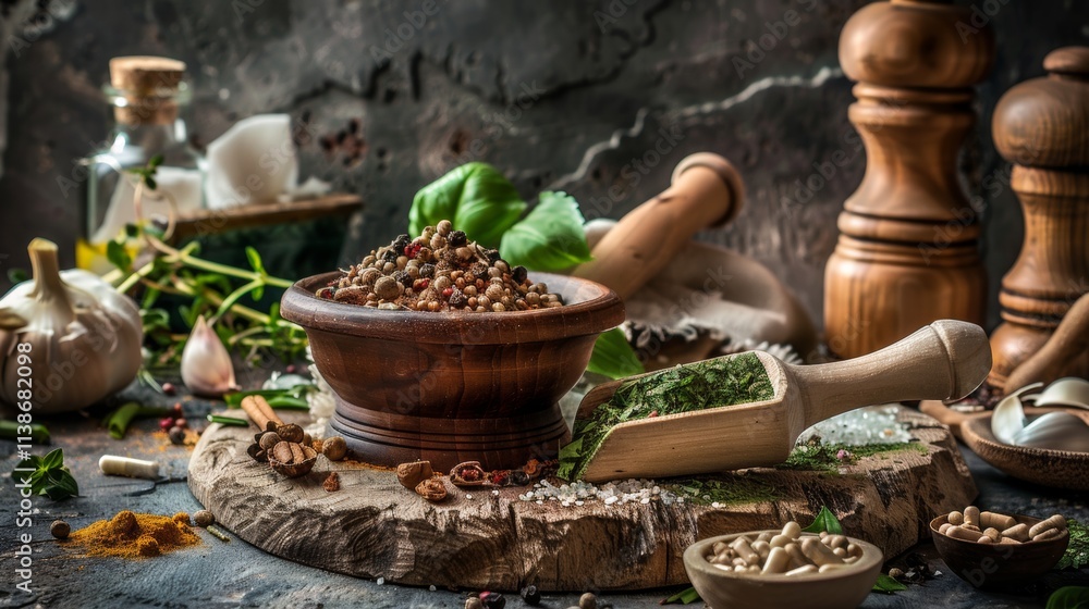 Spices and herbs in wooden bowls on a kitchen counter Spices and herbs in wooden bowls on a kitchen counter