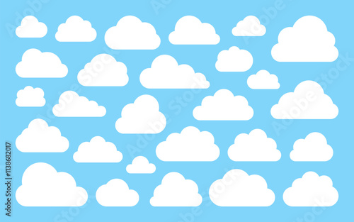 White cloud silhouette flat set. Puffy edges forms, rounded simple outlines, minimal curves, clean cartoon icon. Weather clouds, cumulus abstract shapes, airy empty cloudlet for text, web, kids design
