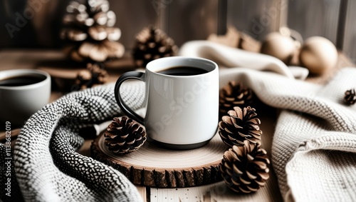 coffee cup, rustic wood table, pine cones, cozy atmosphere, warm lighting, wool blanket, hygge, close-up photography, soft focus, muted colors, winter vibes, morning stillness, ceramic mug, steam risi