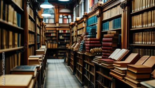 old library, rows of bookshelves, wooden ladders, antique books, warm lighting, arched ceiling, cozy atmosphere, narrow aisle, leather-bound tomes, scholarly ambiance, historic archives, dusty volumes