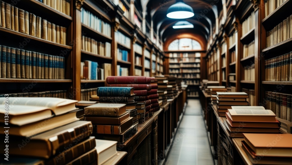 old library, rows of bookshelves, wooden ladders, antique books, warm lighting, arched ceiling, cozy atmosphere, narrow aisle, leather-bound tomes, scholarly ambiance, historic archives, dusty volumes old library, rows of bookshelves, wooden ladders, antique books, warm lighting, arched ceiling, cozy atmosphere, narrow aisle, leather-bound tomes, scholarly ambiance, historic archives, dusty volumes