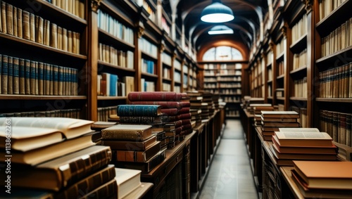 old library, rows of bookshelves, wooden ladders, antique books, warm lighting, arched ceiling, cozy atmosphere, narrow aisle, leather-bound tomes, scholarly ambiance, historic archives, dusty volumes