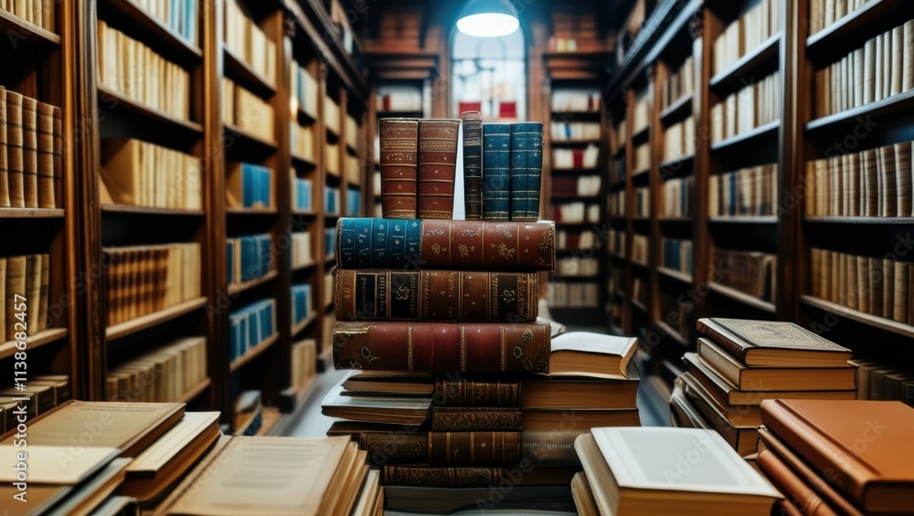 old library, rows of bookshelves, wooden ladders, antique books, warm lighting, arched ceiling, cozy atmosphere, narrow aisle, leather-bound tomes, scholarly ambiance, historic archives, dusty volumes