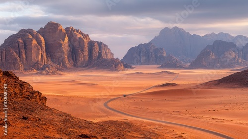 Desert road curves through layered mountains at sunset.