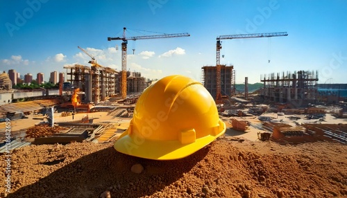 Construction house. Repair work. Drawings for building and yellow helmet on the background of a construction site.