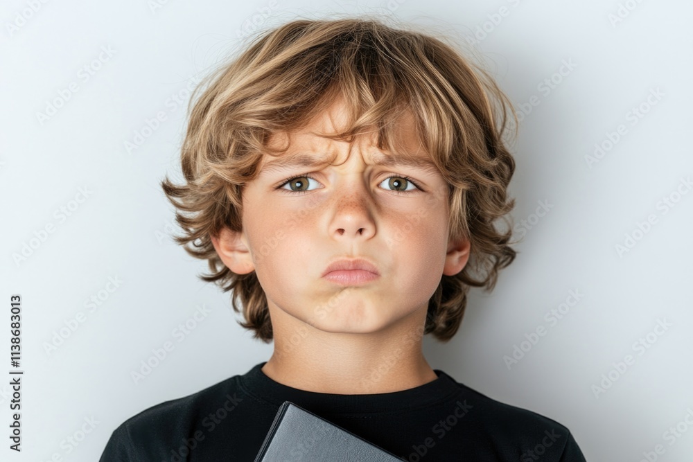 Caucasian male child with curly hair expressing confusion Caucasian male child with curly hair expressing confusion