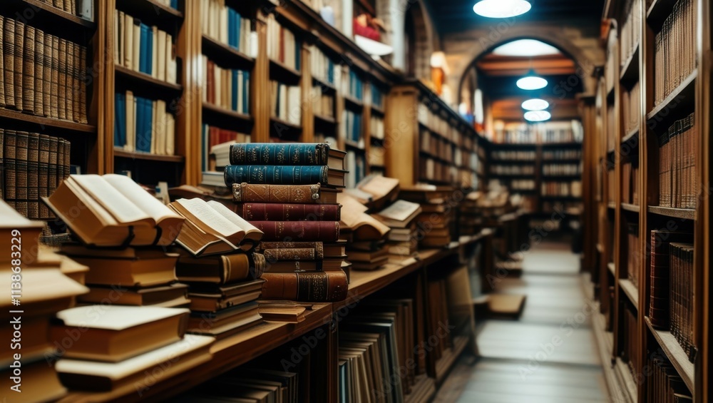 Fototapeta premium old library, rows of bookshelves, wooden ladders, antique books, warm lighting, arched ceiling, cozy atmosphere, narrow aisle, leather-bound tomes, scholarly ambiance, historic archives, dusty volumes